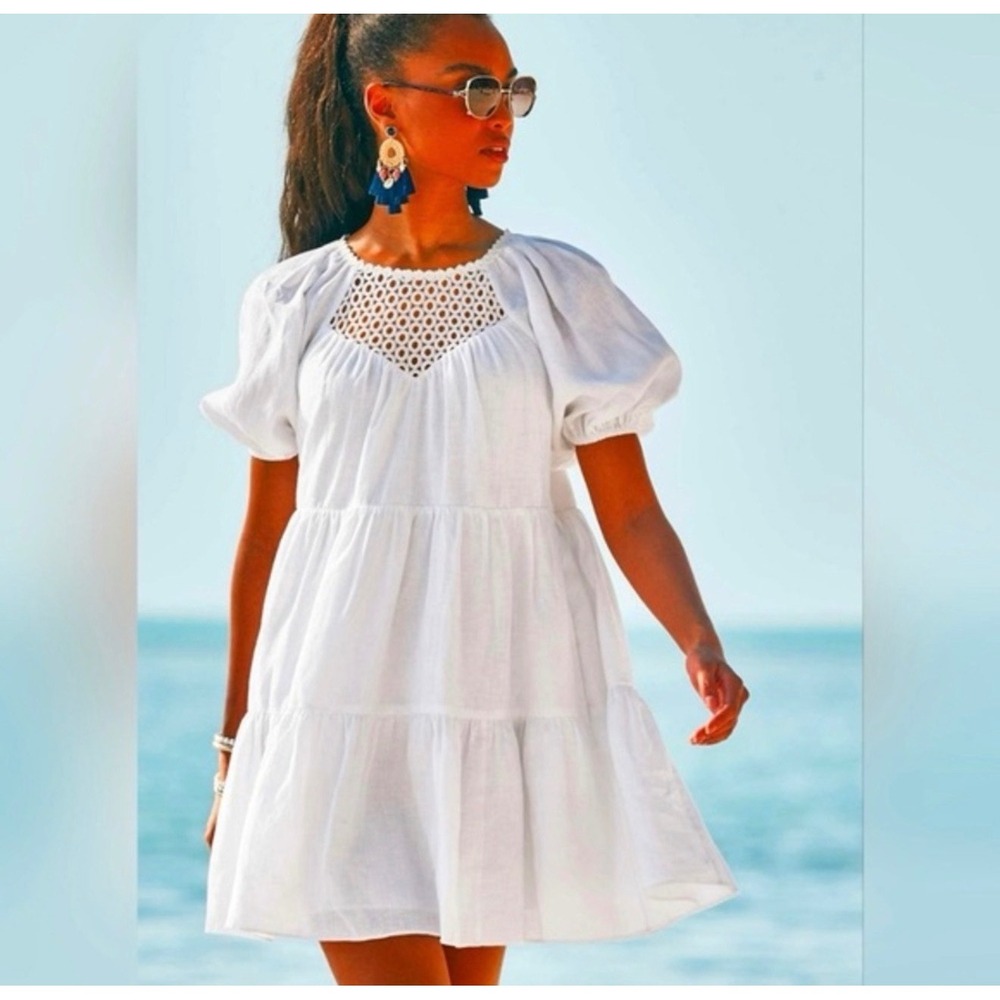 Lilly Pulitzer‎ Charlet 100%Linen Dress Puff Sleeve Eyelet Tiered Womens 4 White